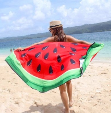 Woman Displaying Watermelon Beach Blanket